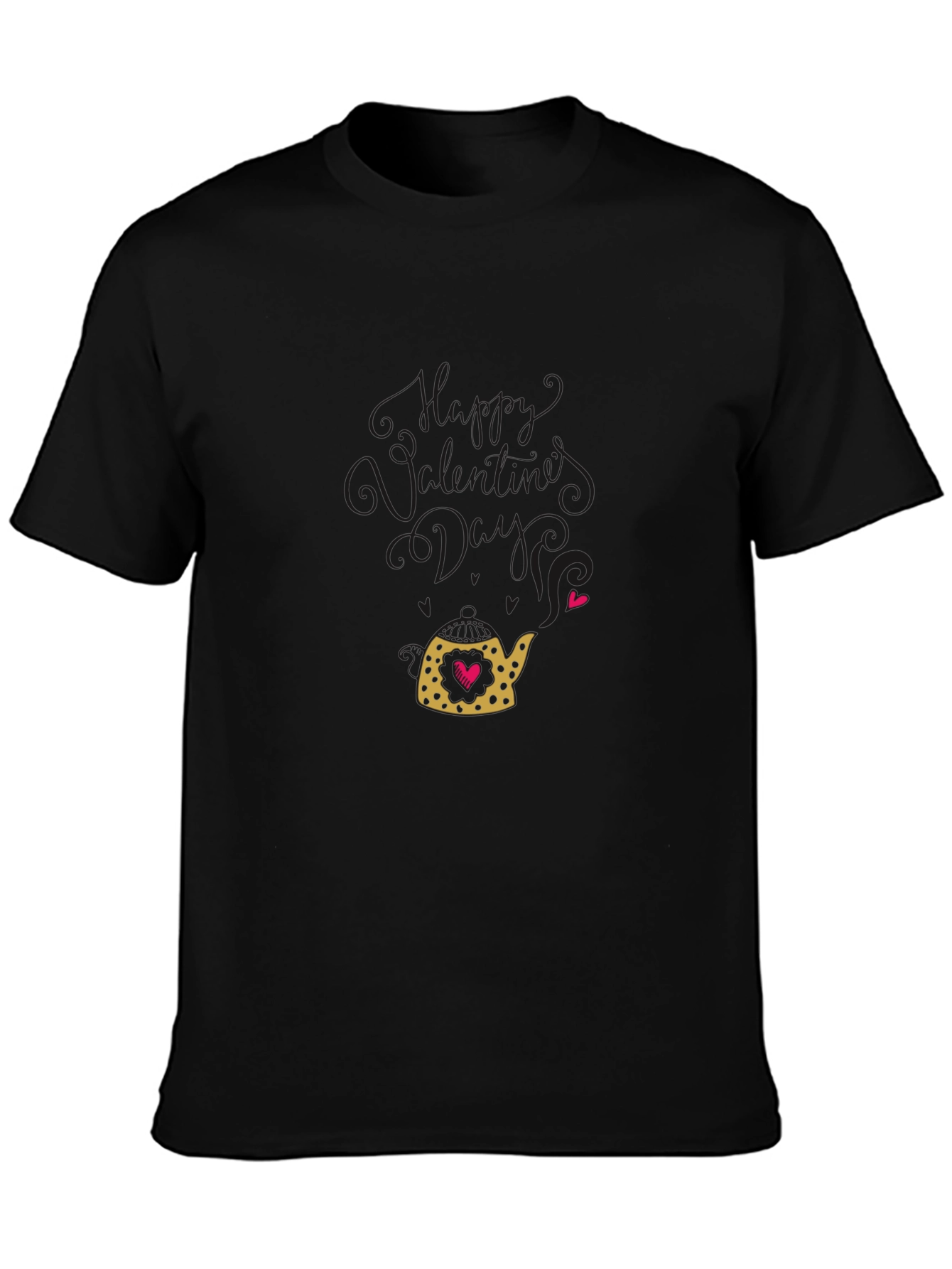 Heart Teapot Graphic Tee - Black Cotton Casual T-Shirt