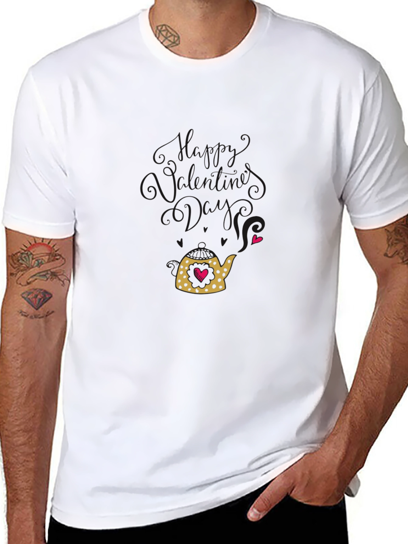 Heart Teapot Graphic Tee - Black Cotton Casual T-Shirt