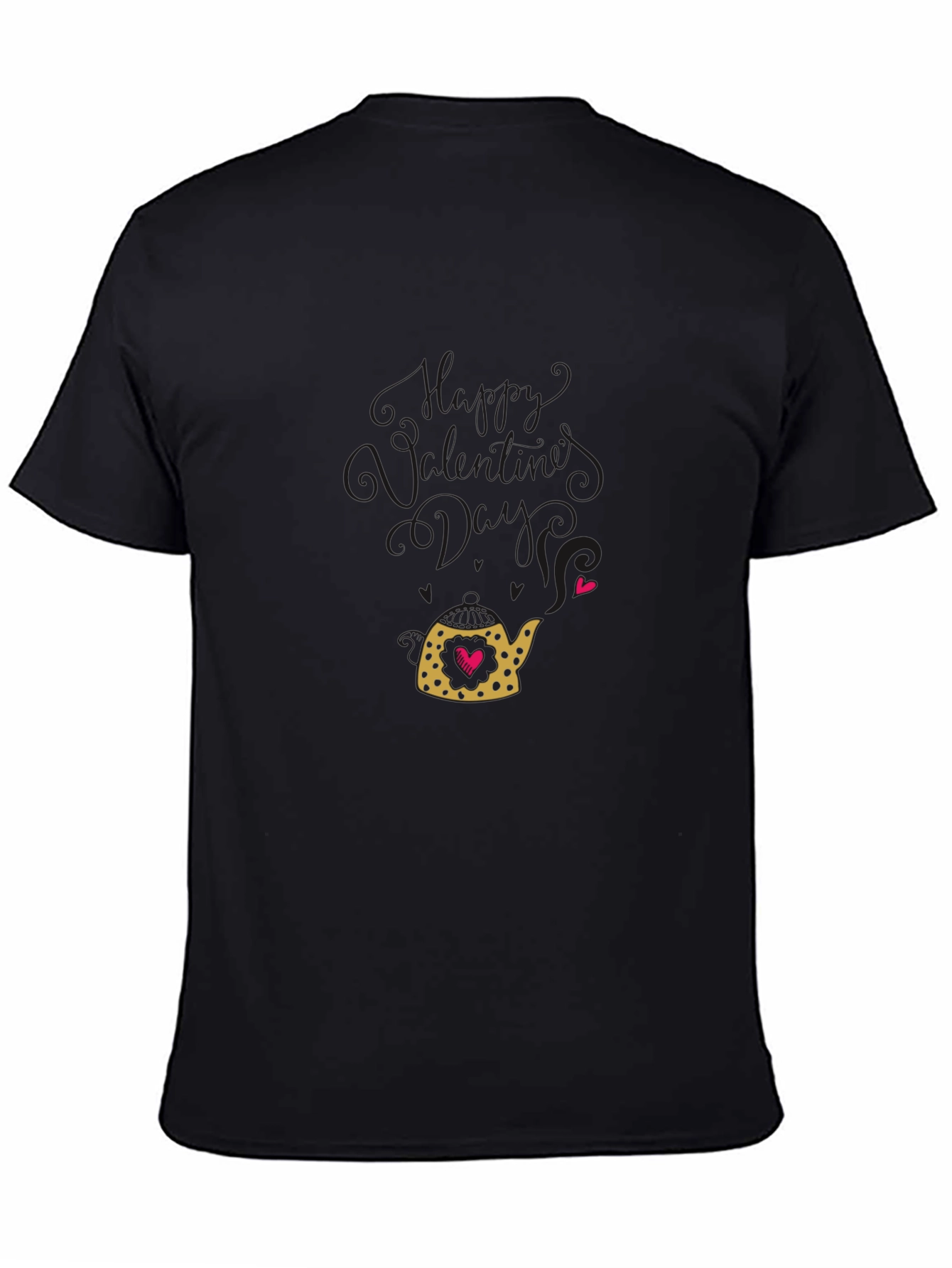Heart Teapot Graphic Tee - Black Cotton Casual T-Shirt