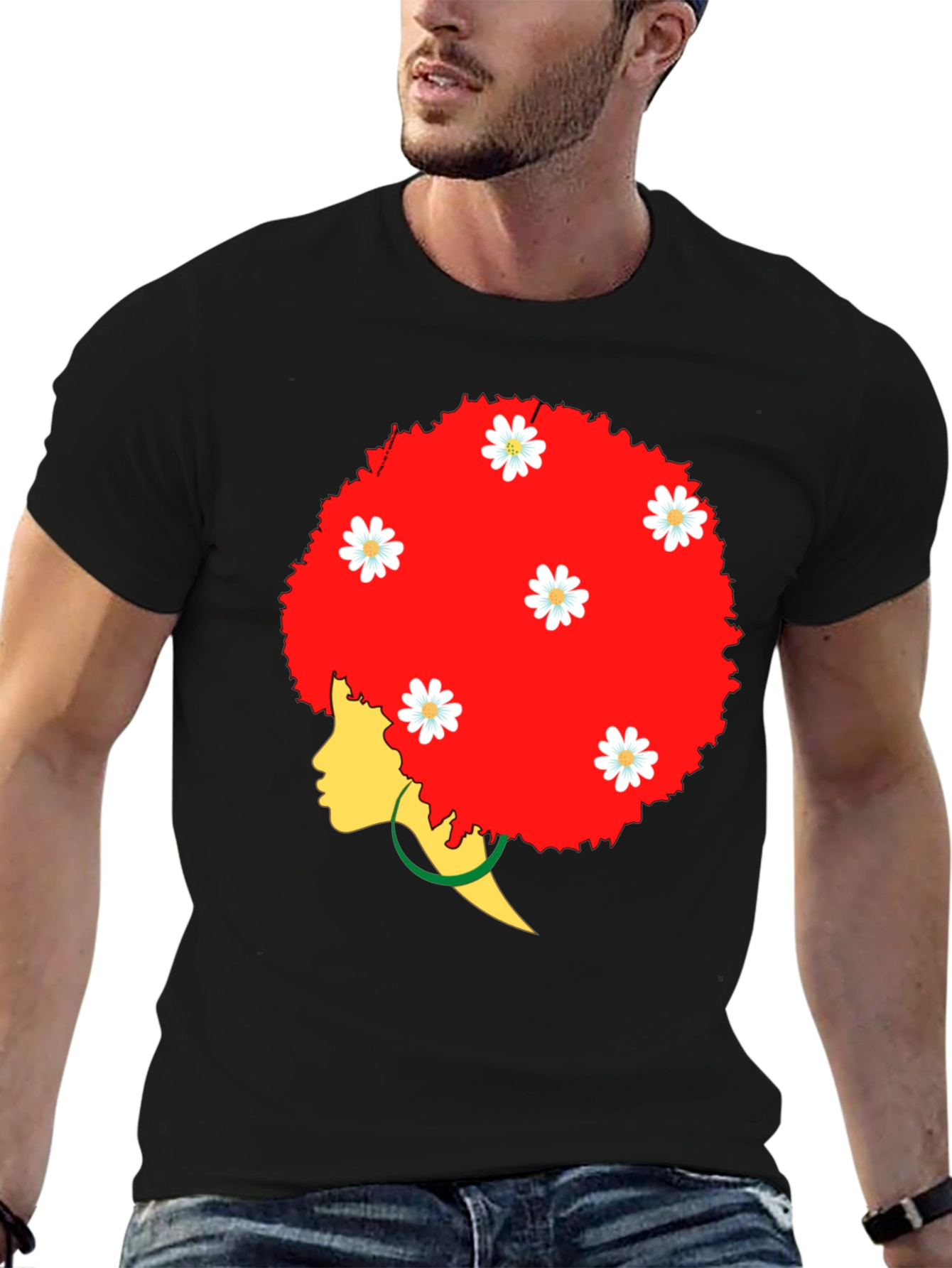 Afro Queen Black T-Shirt with Daisy Flowers