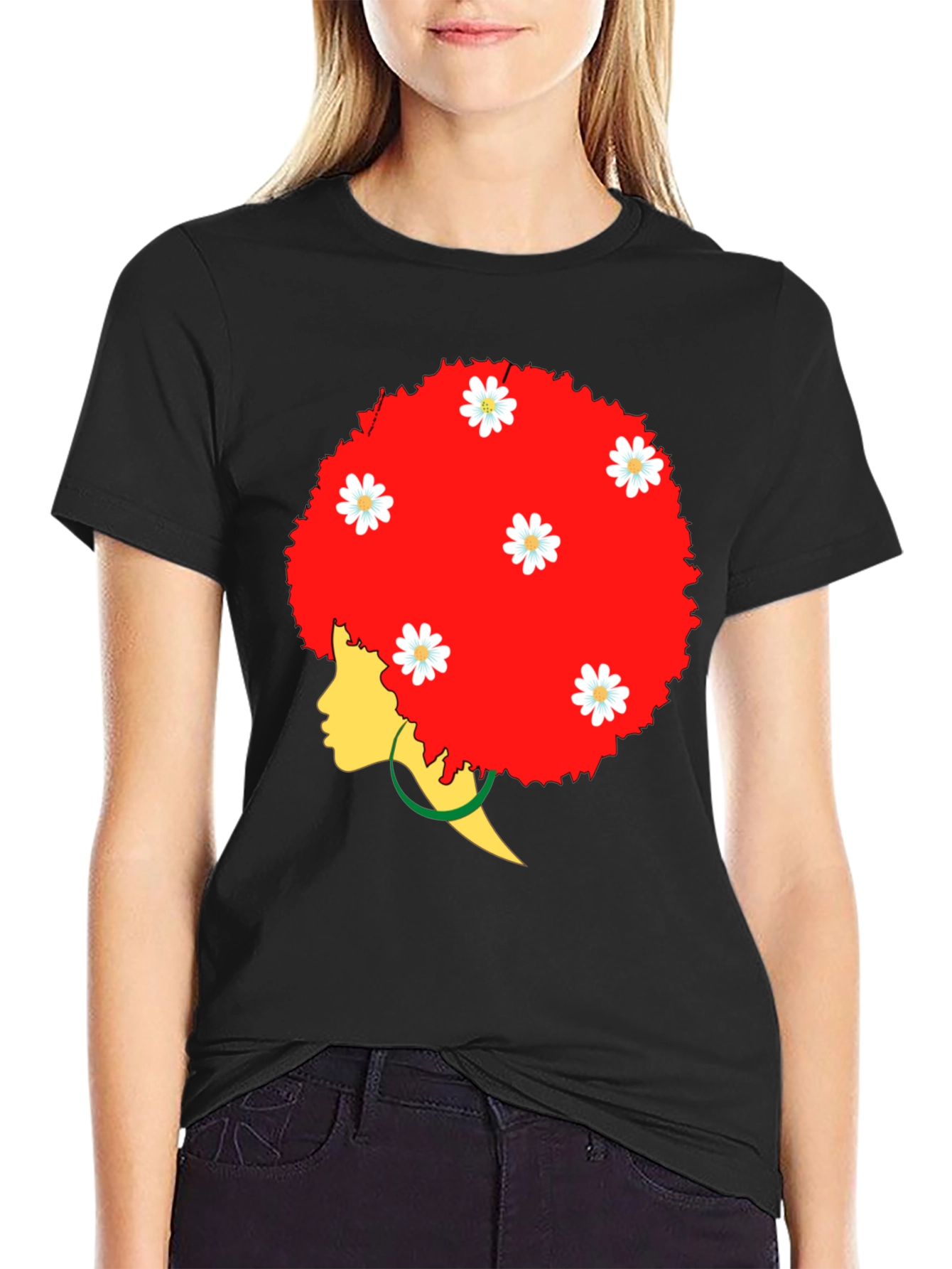 Afro Queen Black T-Shirt with Daisy Flowers