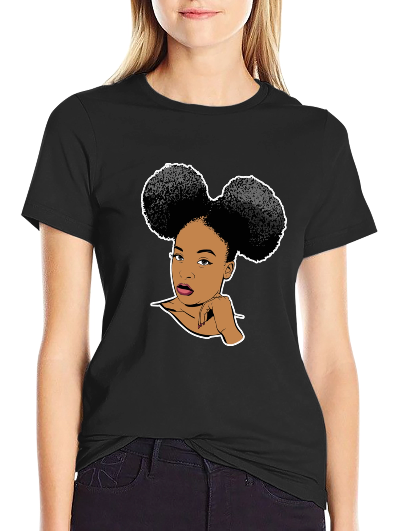Graphic T-Shirt: Afro Puffs Woman Black Tee