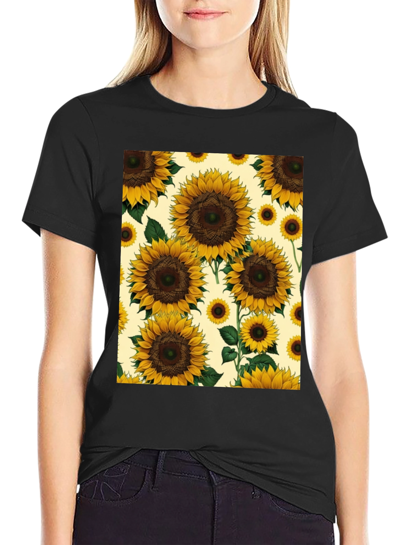Sunflower Print Black T-Shirt