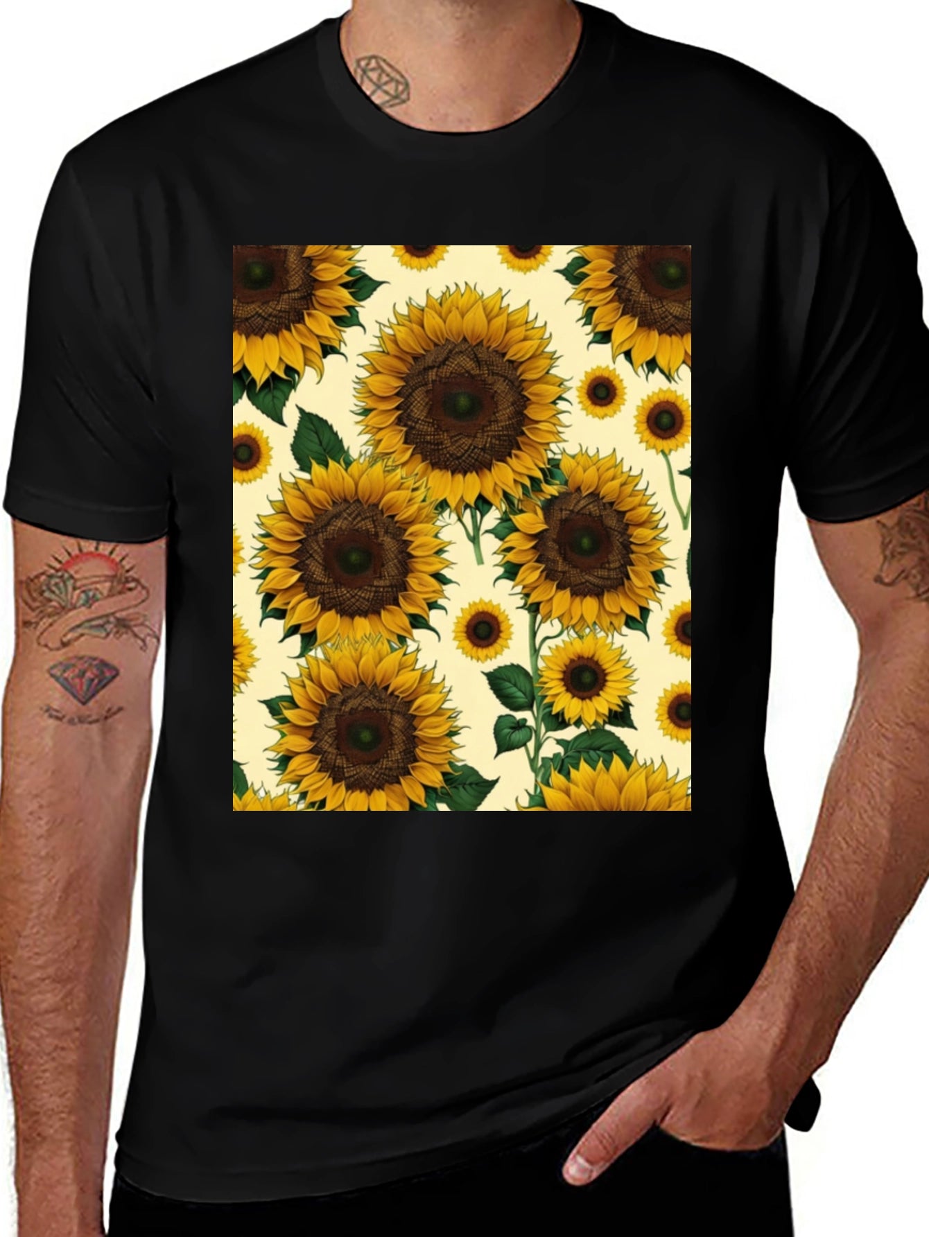 Sunflower Print Black T-Shirt