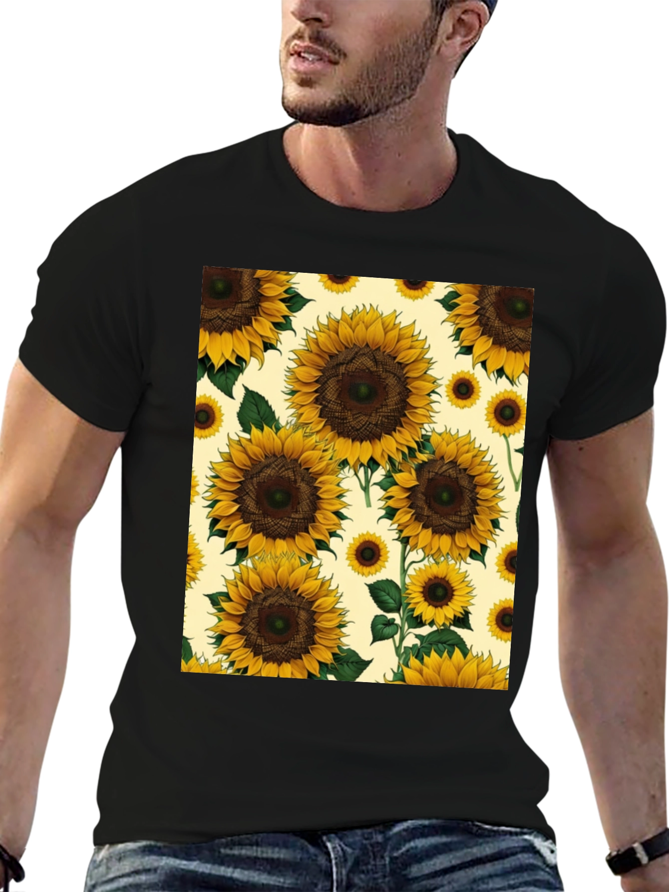 Sunflower Print Black T-Shirt
