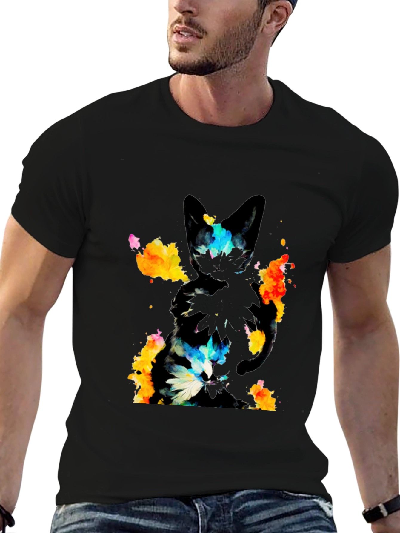 Abstract Cat Graphic Black T-Shirt