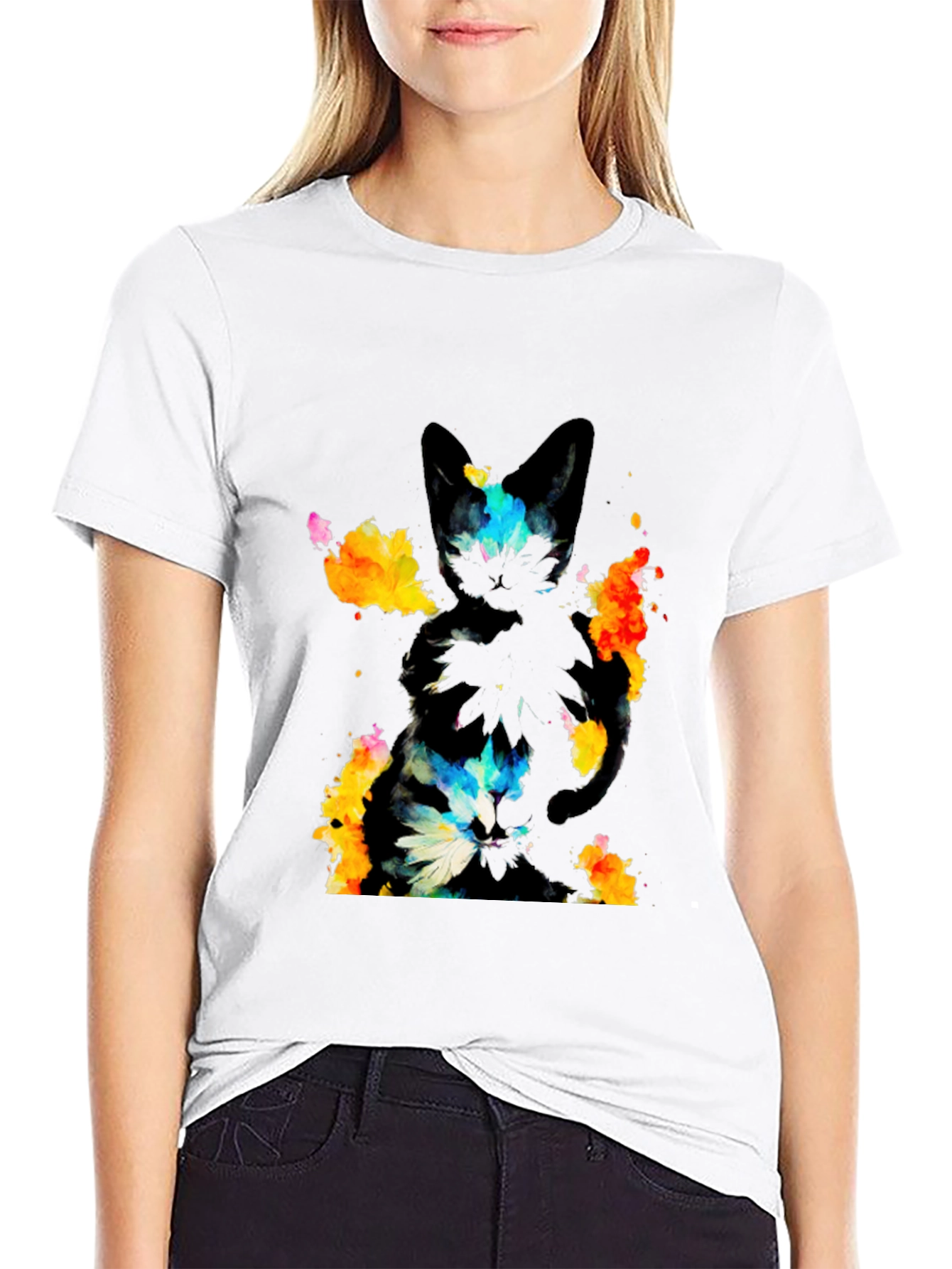 Abstract Cat Graphic Black T-Shirt