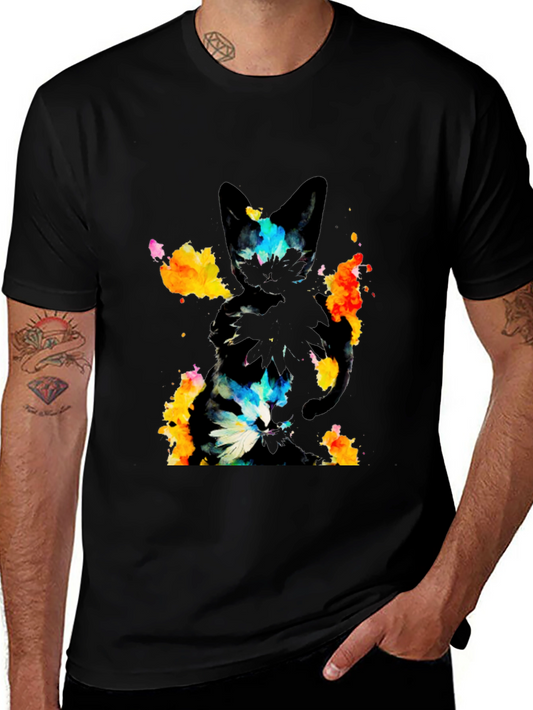 Abstract Cat Graphic Black T-Shirt