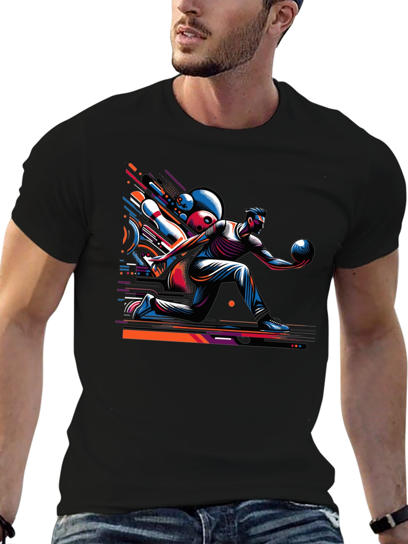 Bowling Strike Graphic Tee - Black Cotton Shirt