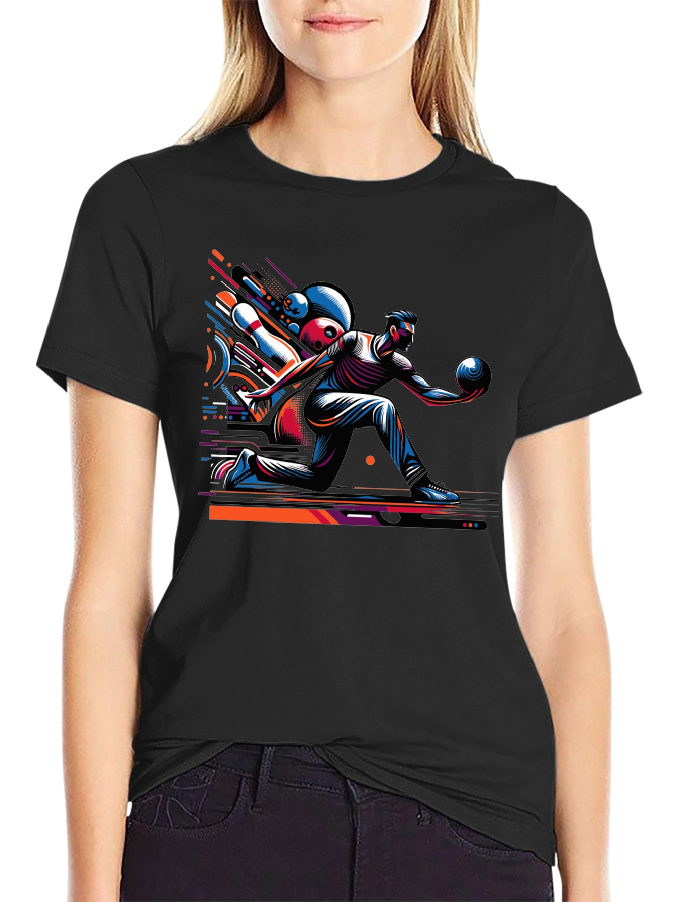Bowling Strike Graphic Tee - Black Cotton Shirt