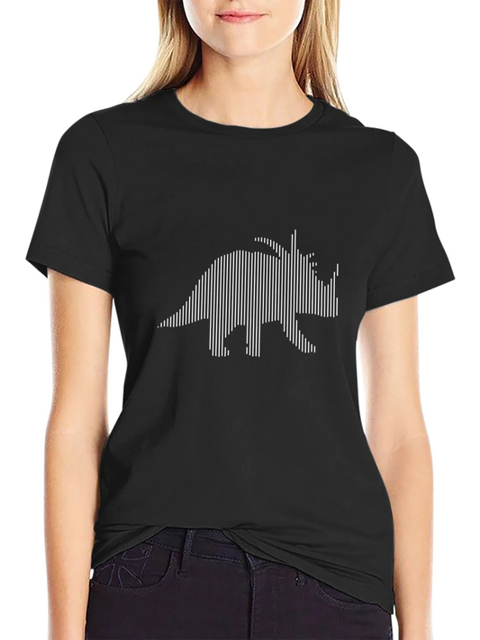 Striped Triceratops Graphic Tee - Black Cotton T-Shirt