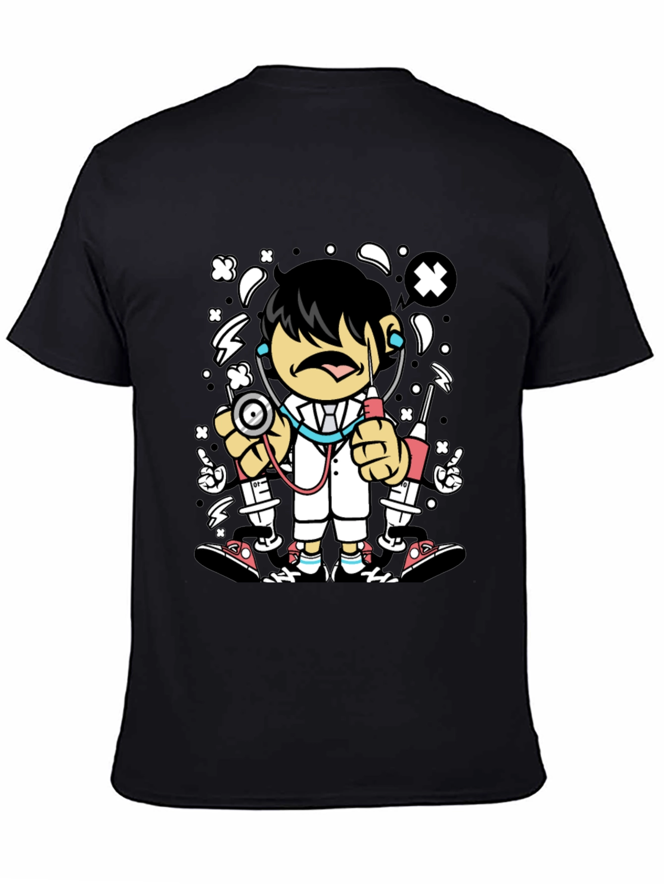Cartoon Doctor Graphic Tee - Black Cotton T-Shirt