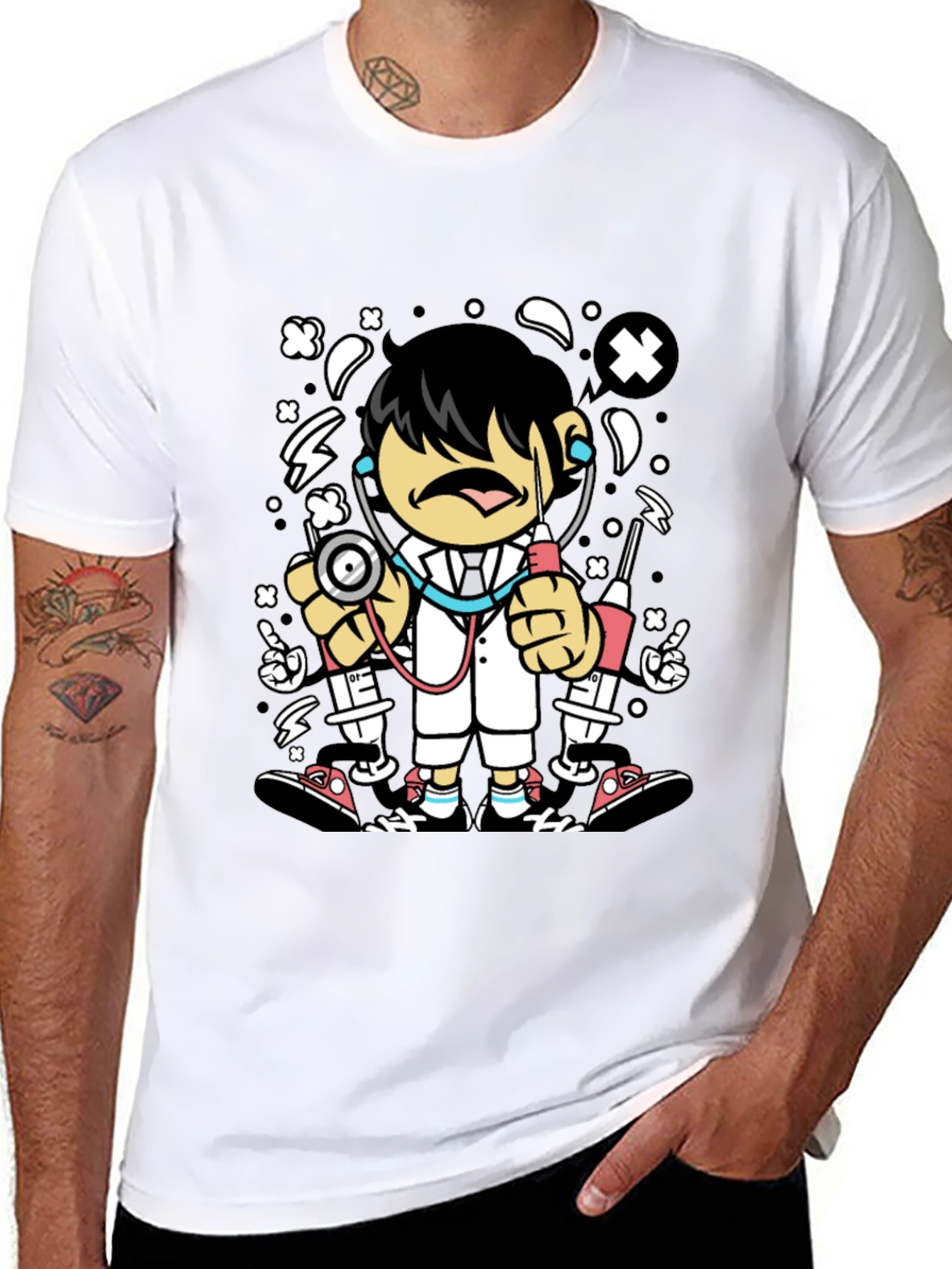 Cartoon Doctor Graphic Tee - Black Cotton T-Shirt