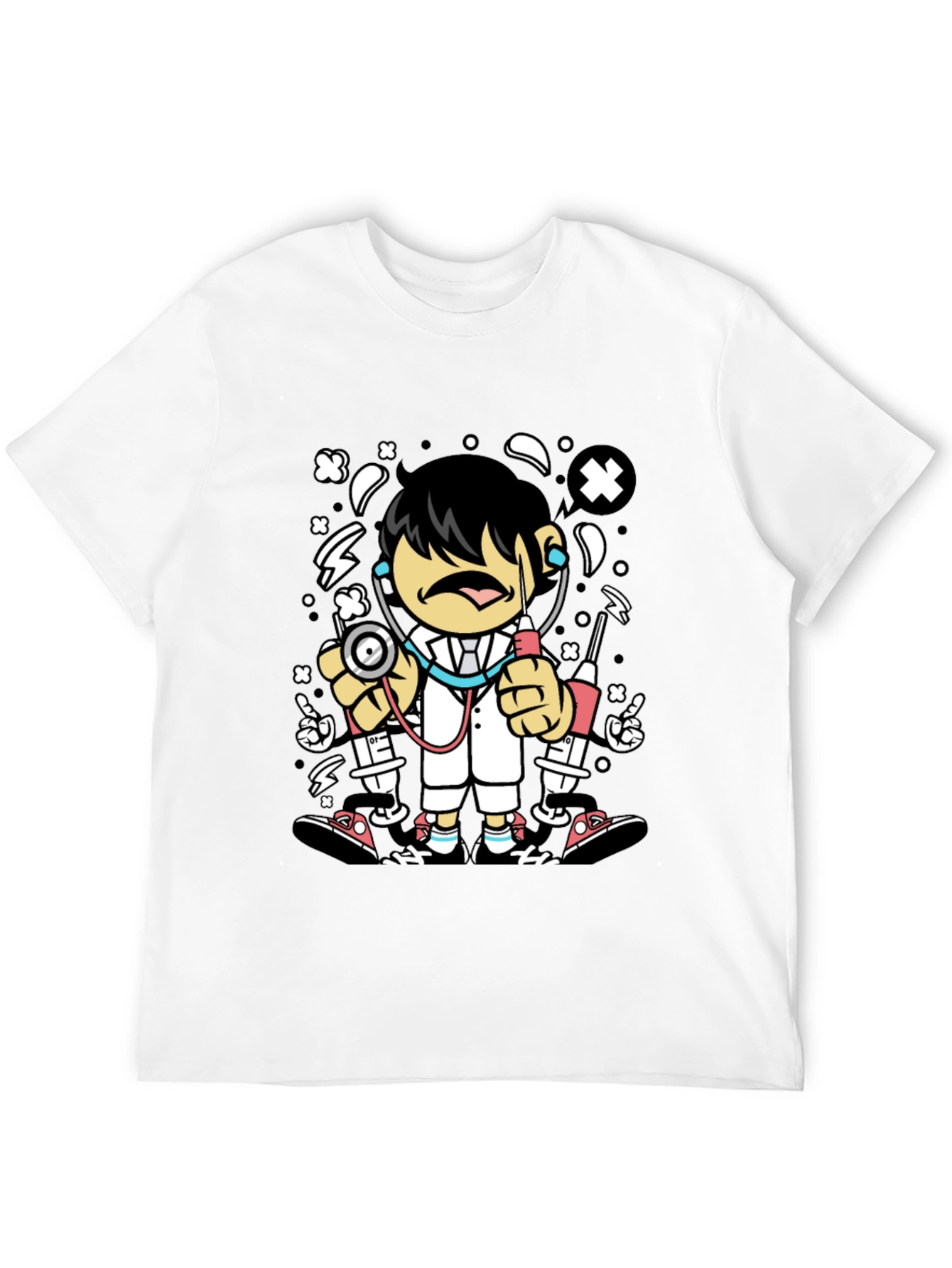 Cartoon Doctor Graphic Tee - Black Cotton T-Shirt