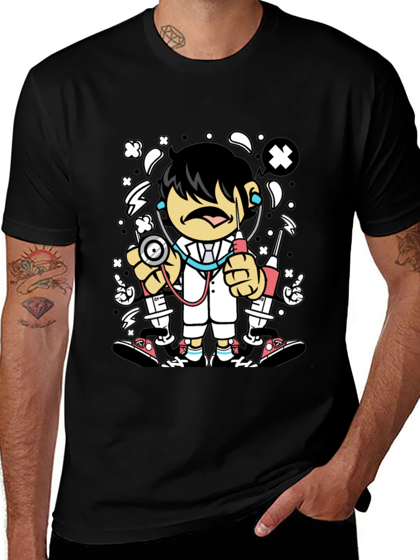 Cartoon Doctor Graphic Tee - Black Cotton T-Shirt