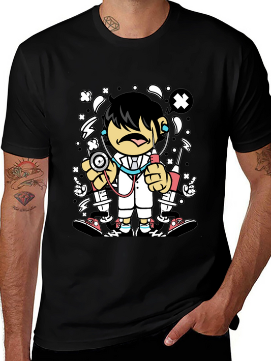Cartoon Doctor Graphic Tee - Black Cotton T-Shirt