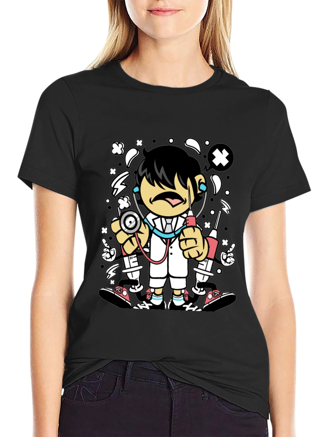 Cartoon Doctor Graphic Tee - Black Cotton T-Shirt
