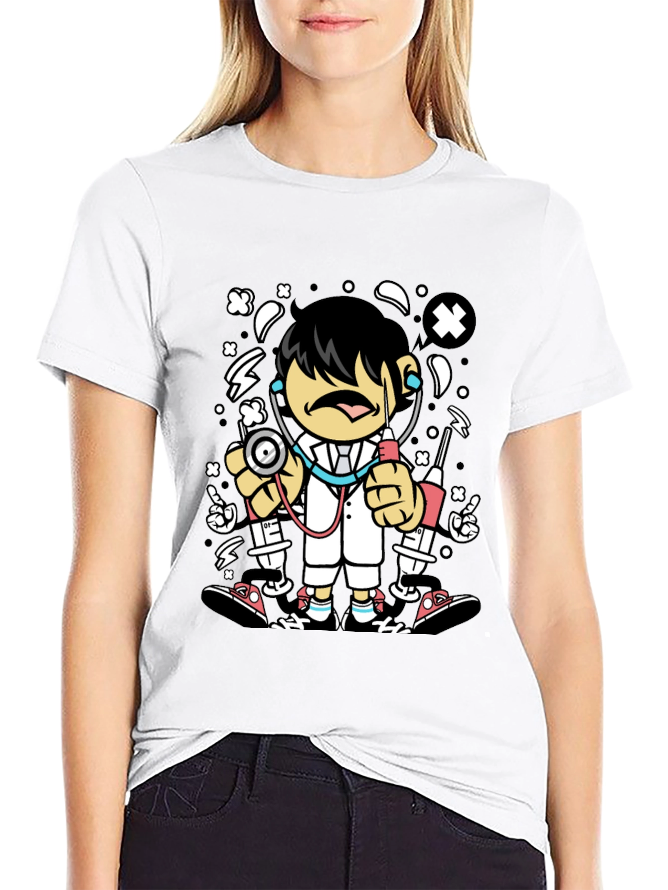 Cartoon Doctor Graphic Tee - Black Cotton T-Shirt