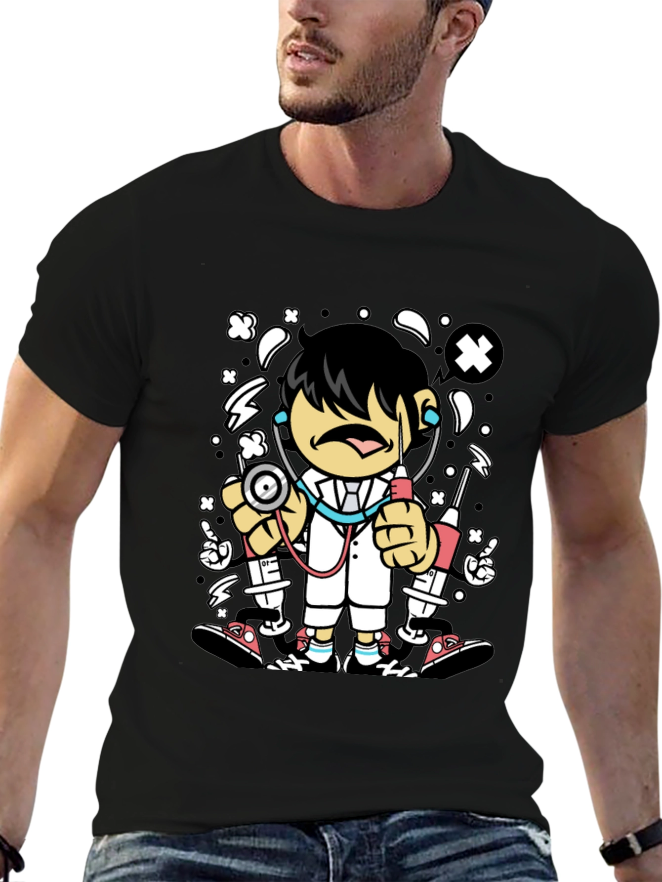 Cartoon Doctor Graphic Tee - Black Cotton T-Shirt