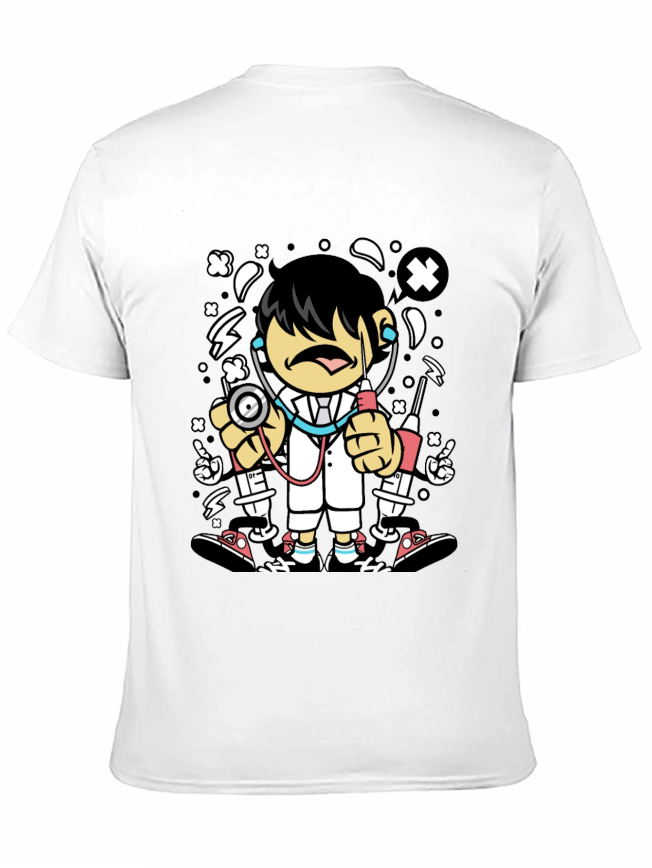 Cartoon Doctor Graphic Tee - Black Cotton T-Shirt