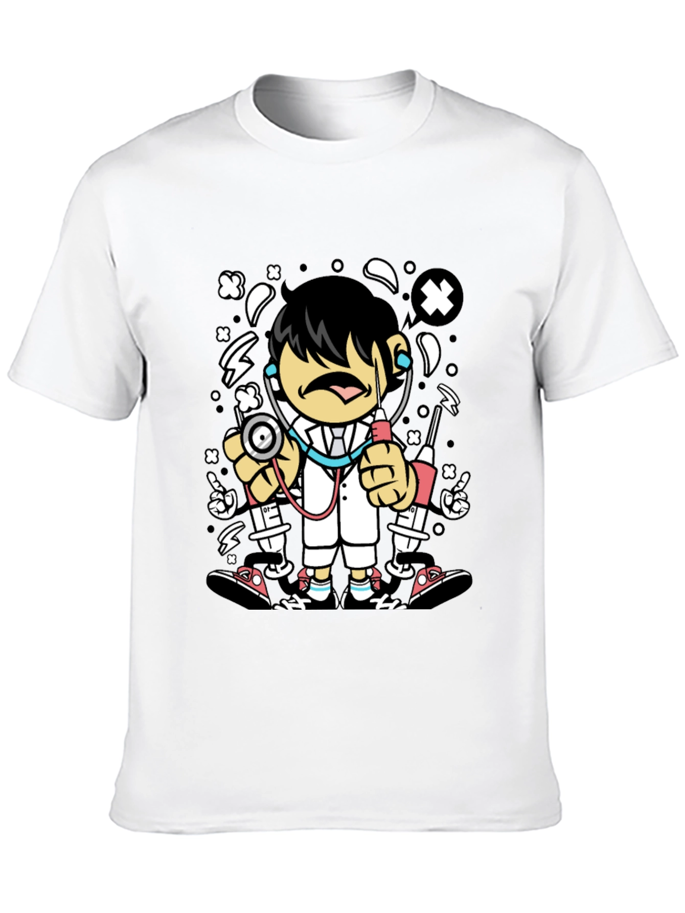 Cartoon Doctor Graphic Tee - Black Cotton T-Shirt
