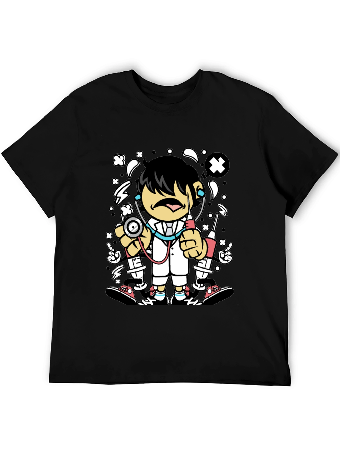 Cartoon Doctor Graphic Tee - Black Cotton T-Shirt