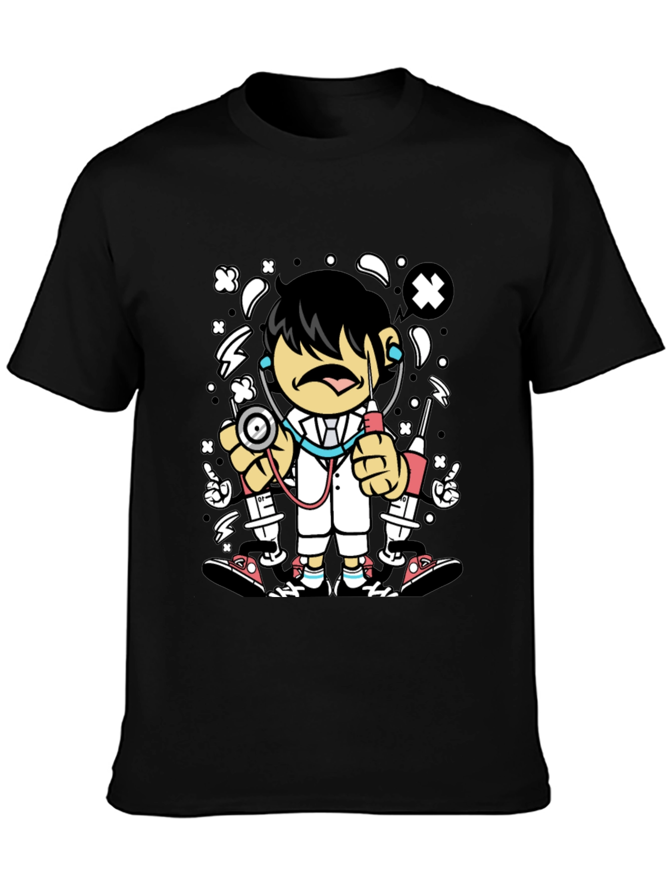 Cartoon Doctor Graphic Tee - Black Cotton T-Shirt