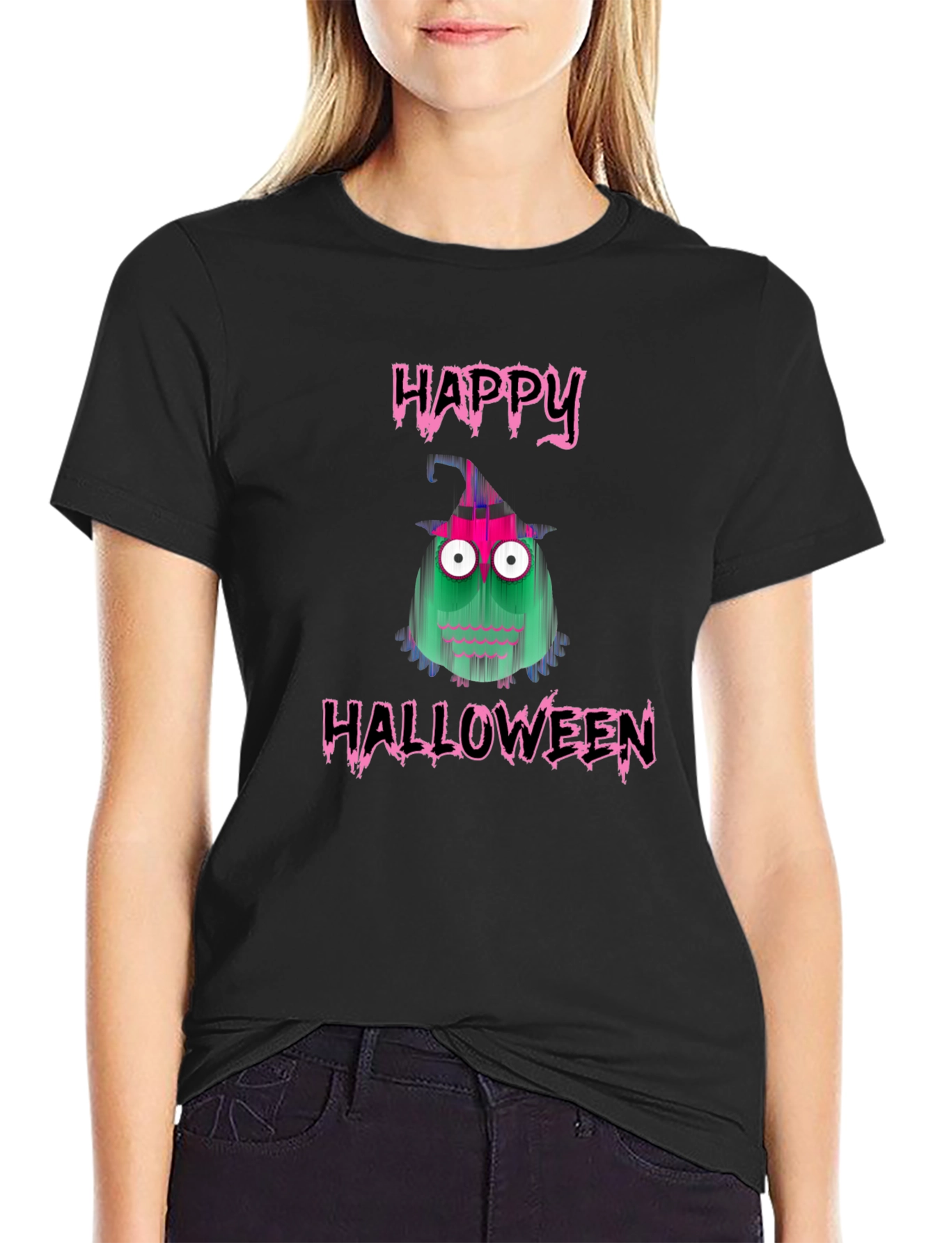 Happy Halloween Monster Graphic Tee - Black