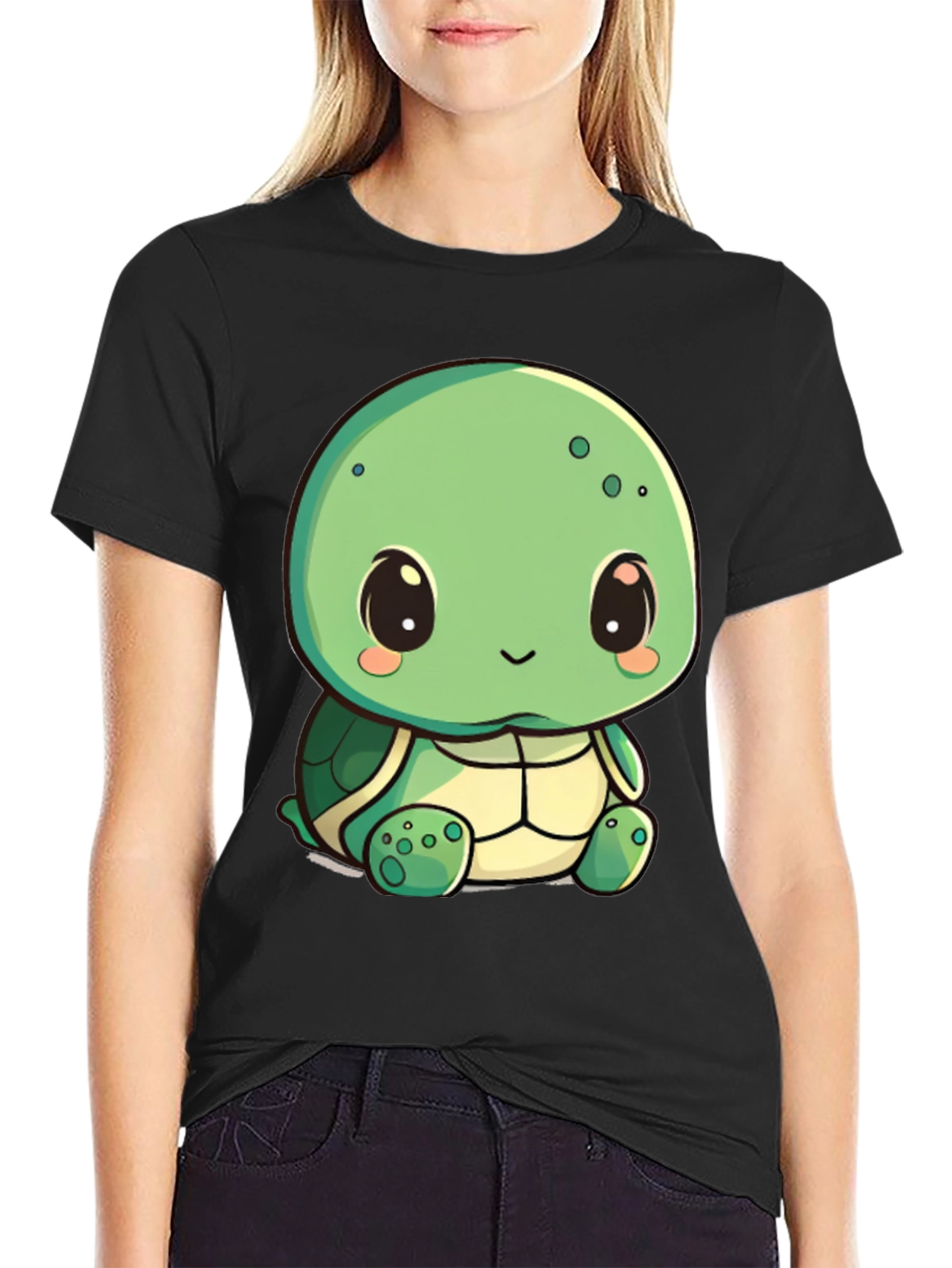 Cute Turtle Graphic Tee - Black Cotton Blend Shirt
