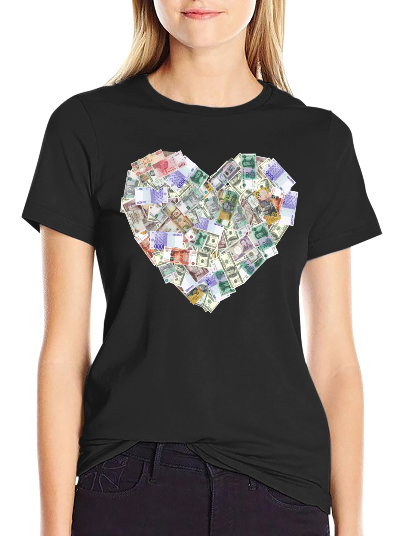 Money Heart Graphic Tee - Black Cotton T-Shirt