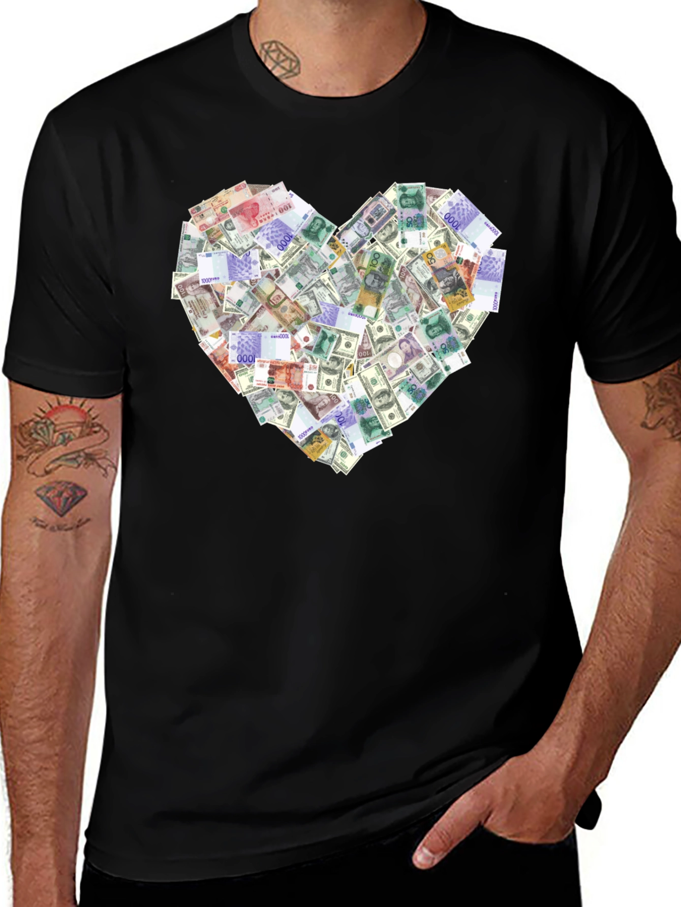 Money Heart Graphic Tee - Black Cotton T-Shirt
