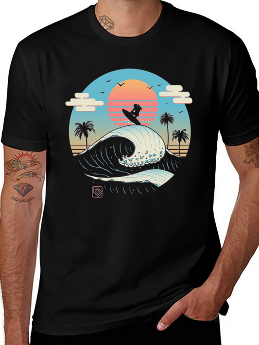 Surfer Wave Graphic Tee - Black Cotton T-Shirt