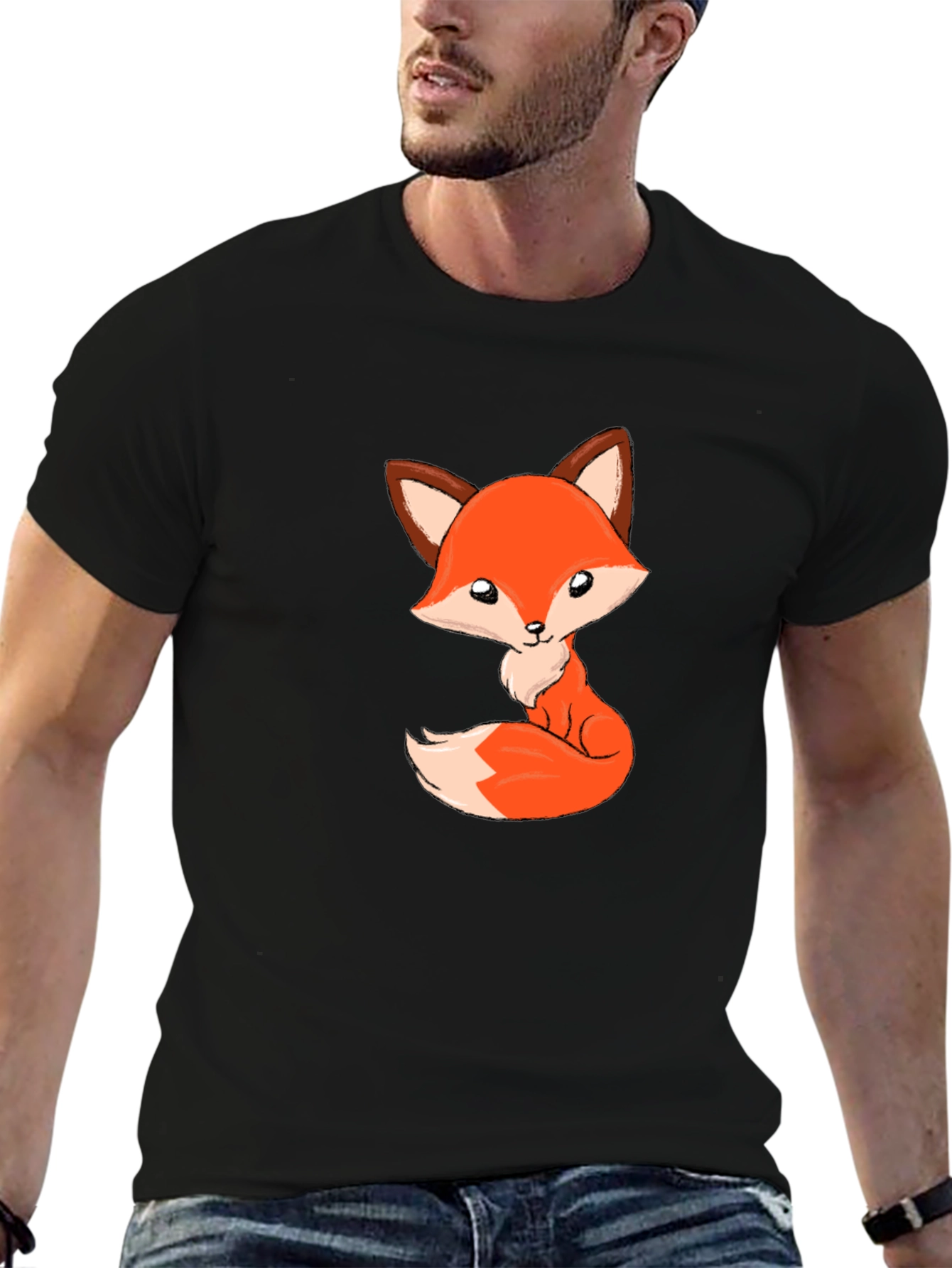 Cute Cartoon Fox Black T-Shirt