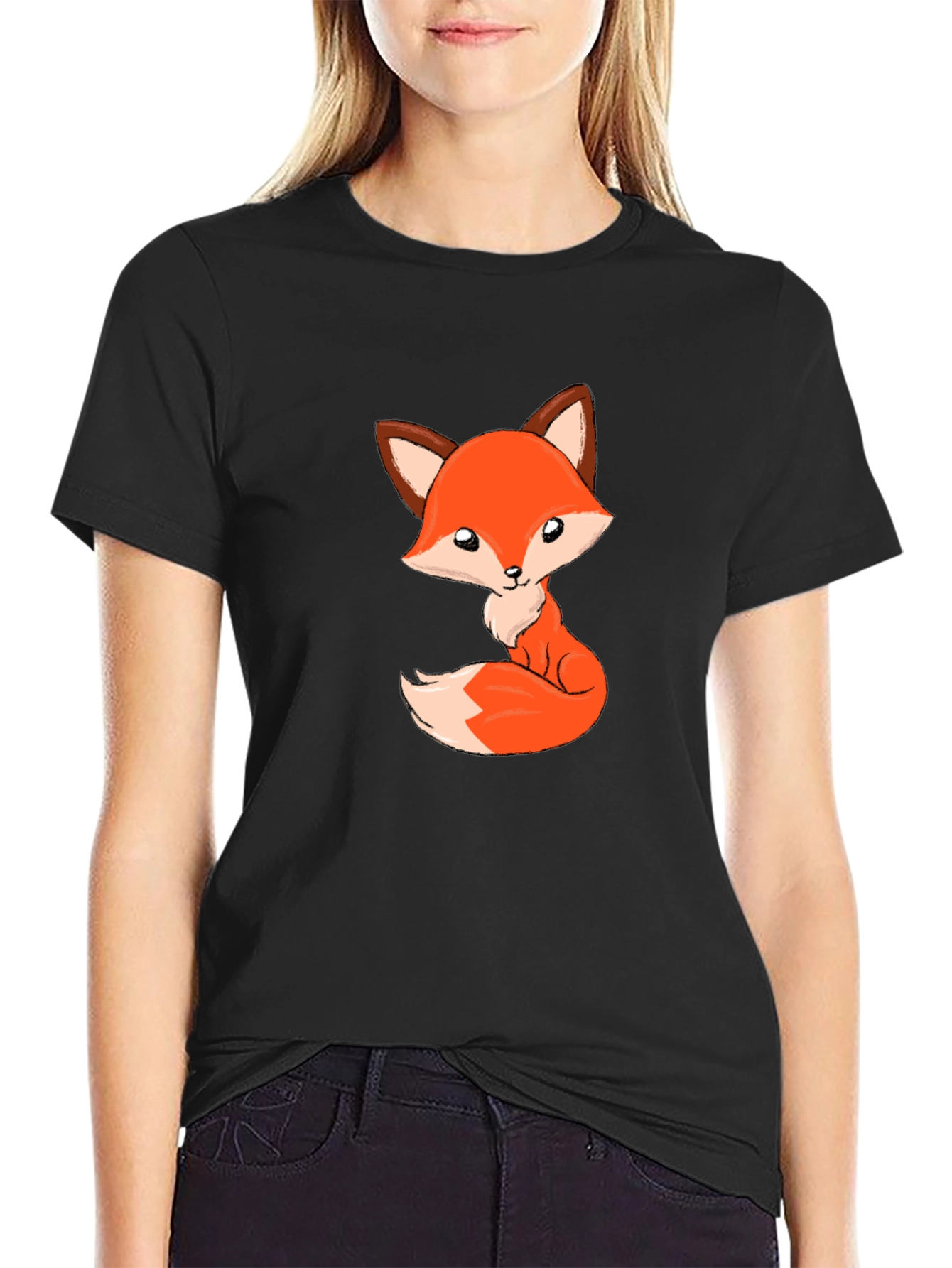 Cute Cartoon Fox Black T-Shirt