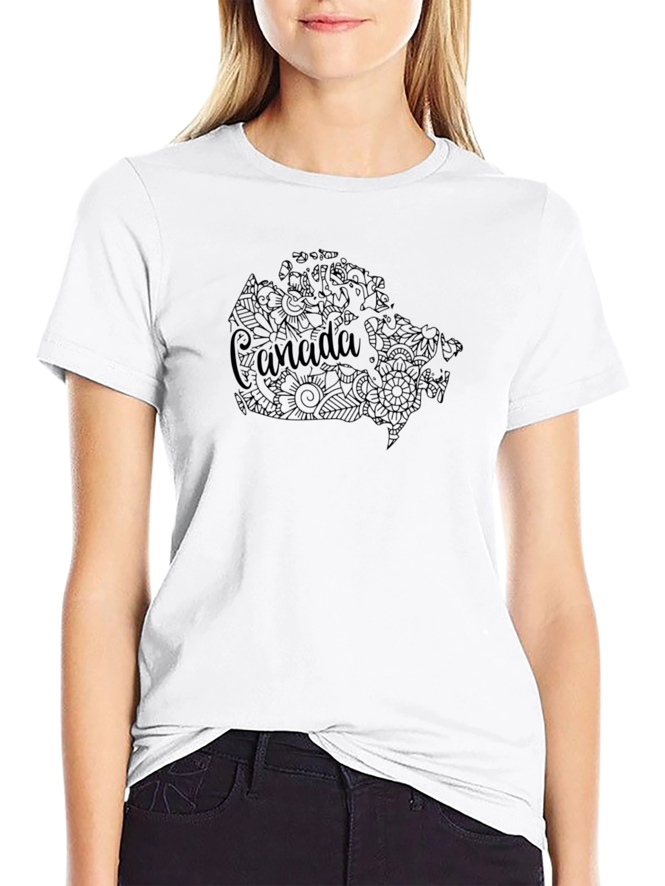 Canada Map Floral Design Black T-Shirt
