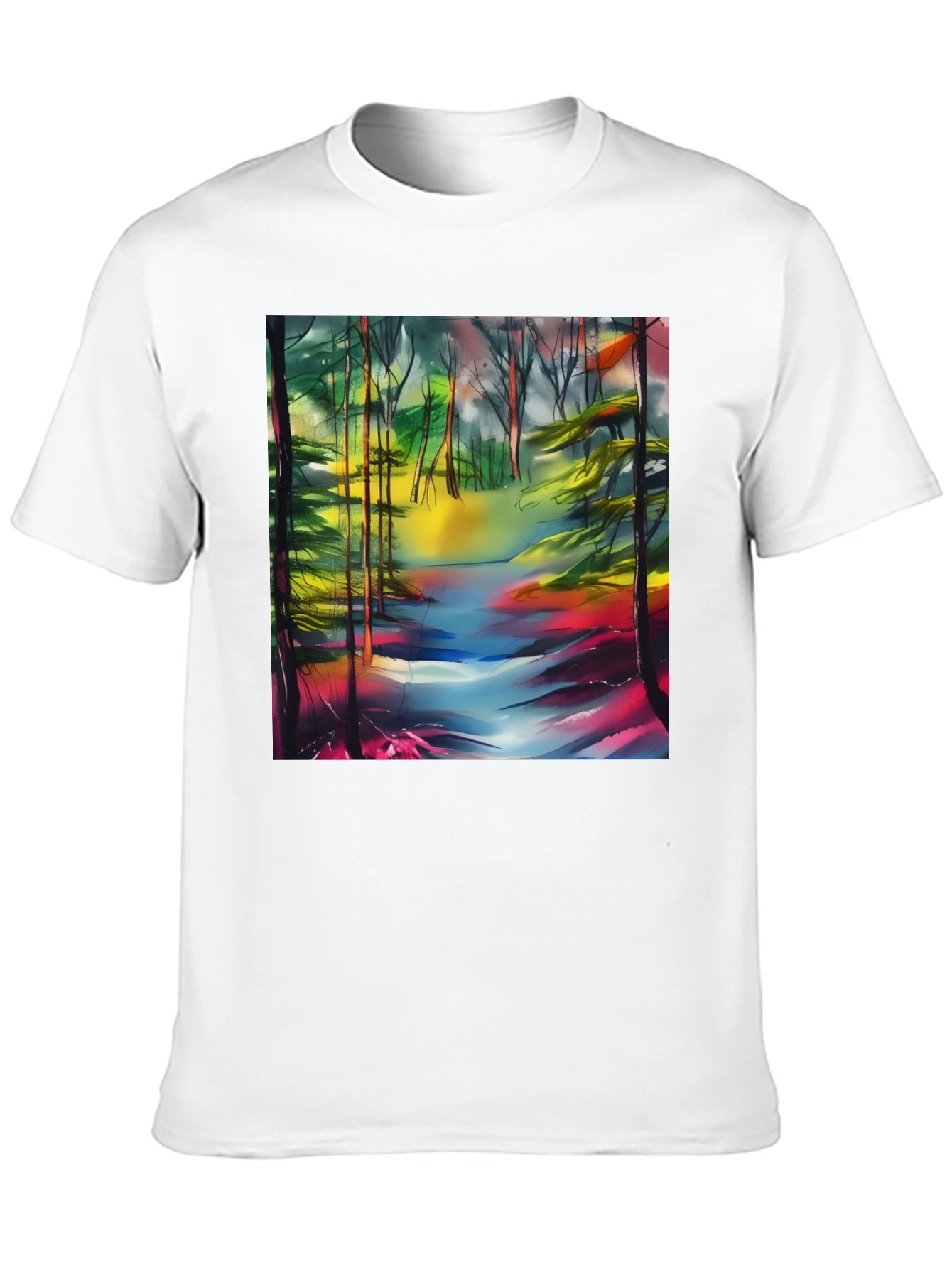Vibrant Forest Stream T-Shirt - Artistic Nature Print
