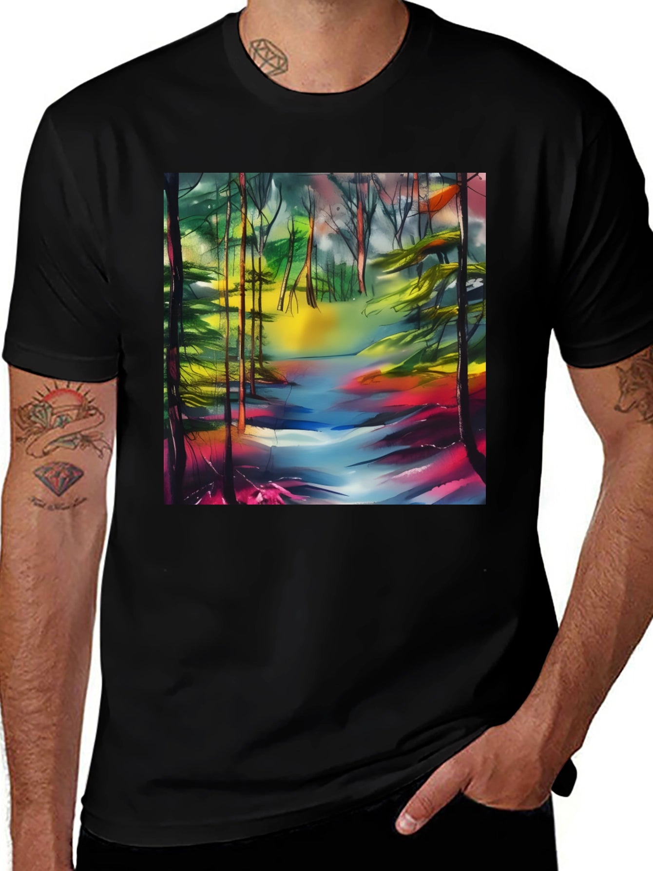 Vibrant Forest Stream T-Shirt - Artistic Nature Print