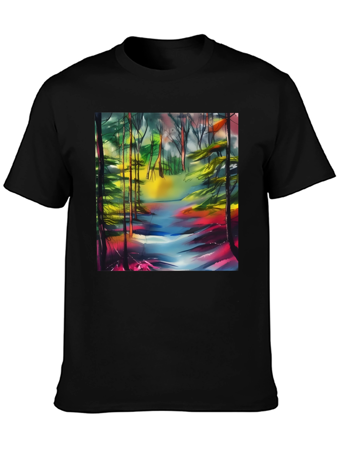 Vibrant Forest Stream T-Shirt - Artistic Nature Print