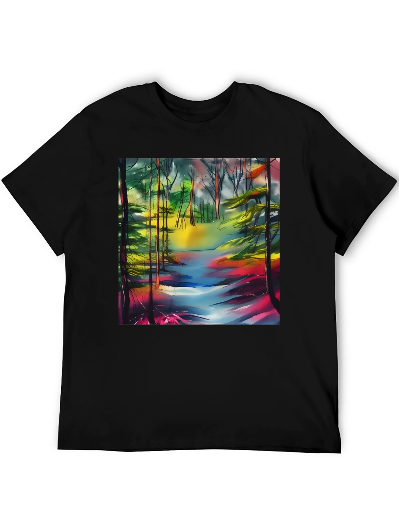 Vibrant Forest Stream T-Shirt - Artistic Nature Print