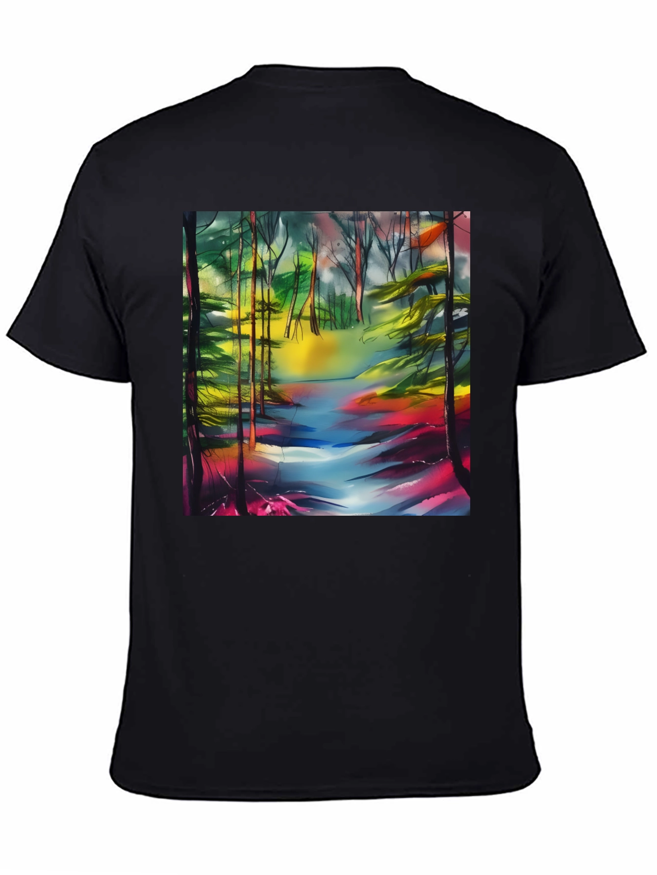 Vibrant Forest Stream T-Shirt - Artistic Nature Print
