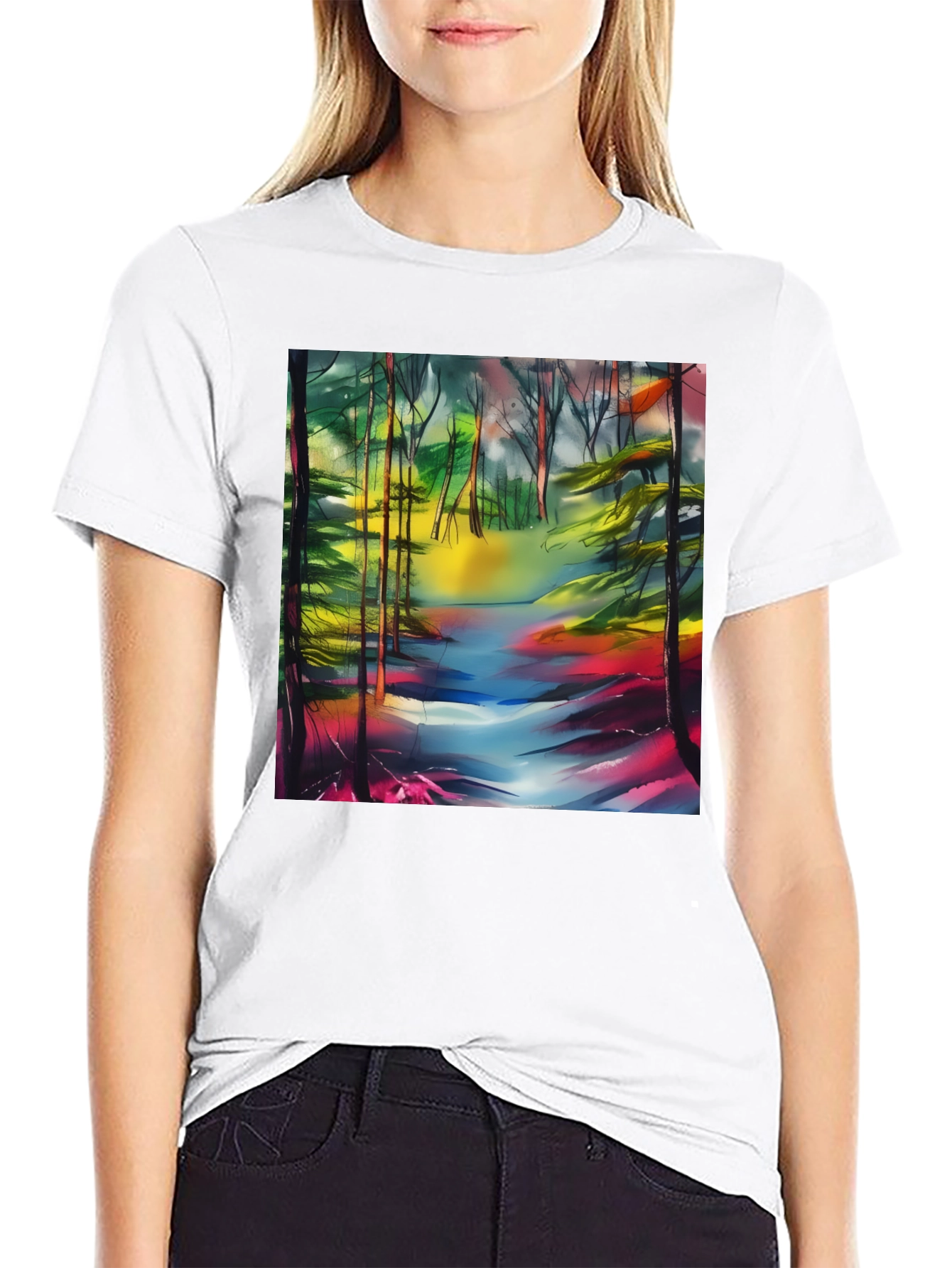 Vibrant Forest Stream T-Shirt - Artistic Nature Print