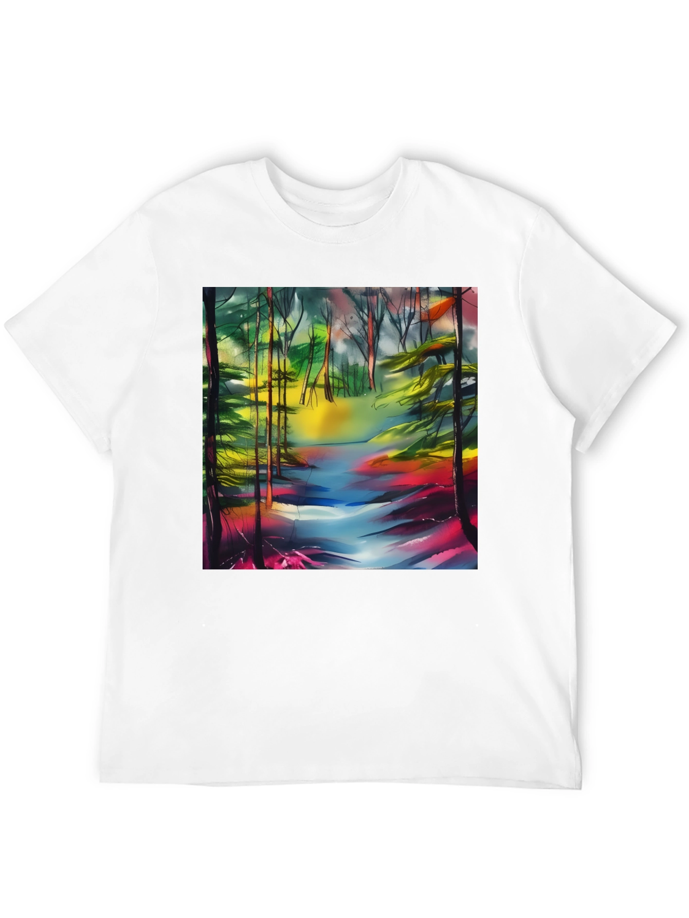 Vibrant Forest Stream T-Shirt - Artistic Nature Print