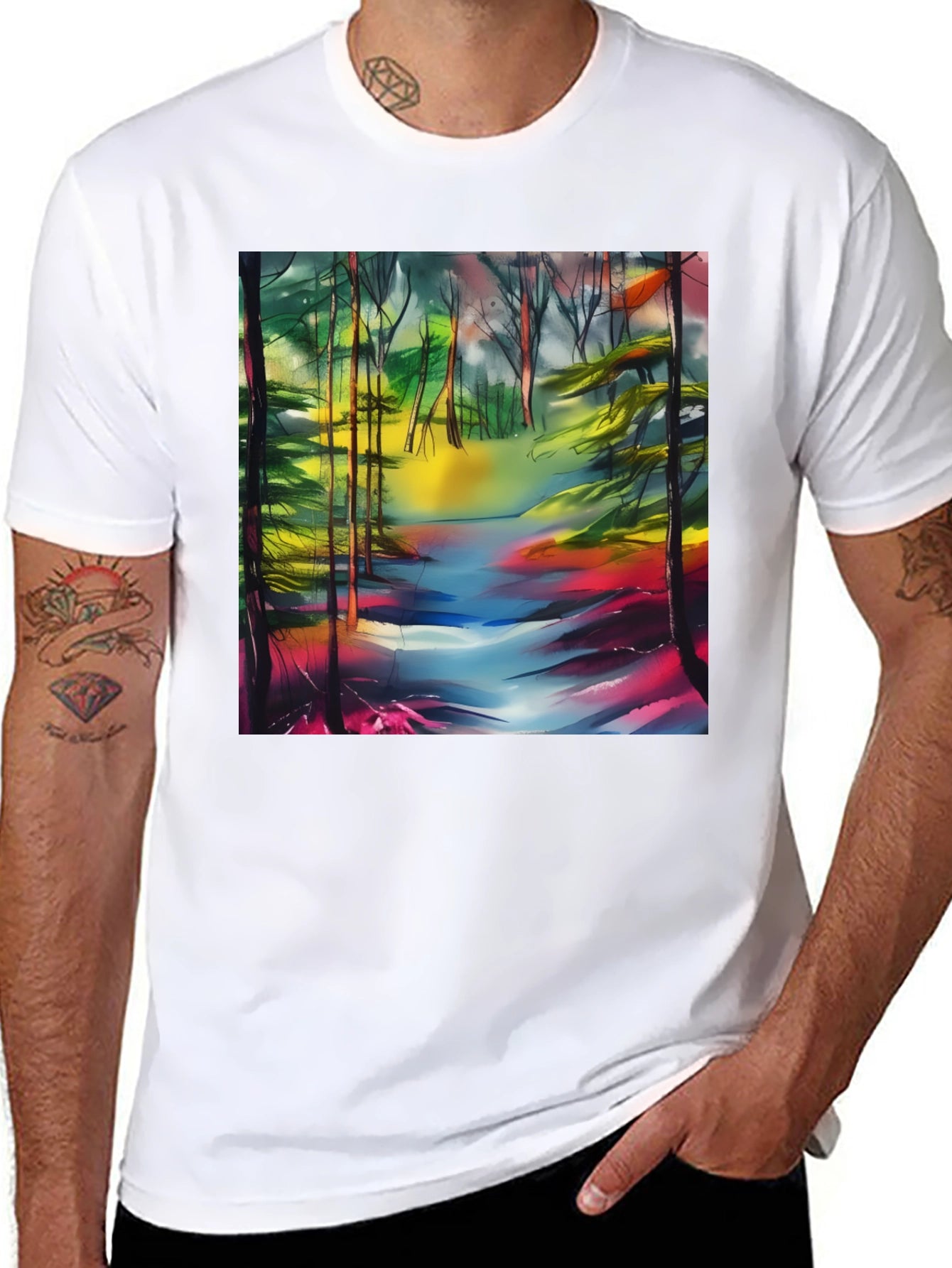 Vibrant Forest Stream T-Shirt - Artistic Nature Print