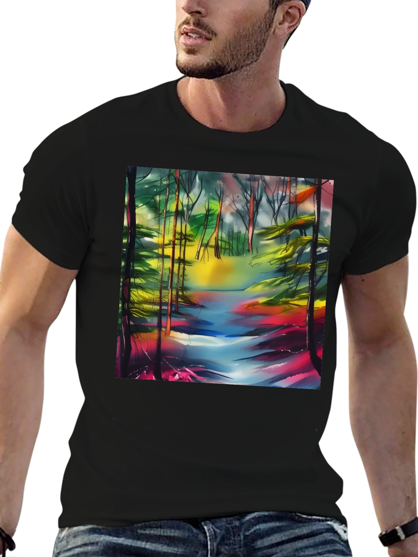Vibrant Forest Stream T-Shirt - Artistic Nature Print