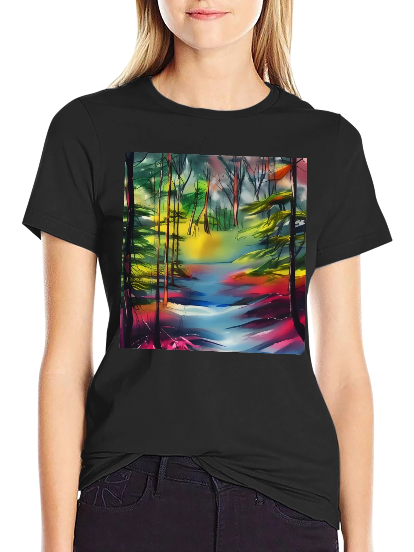 Vibrant Forest Stream T-Shirt - Artistic Nature Print