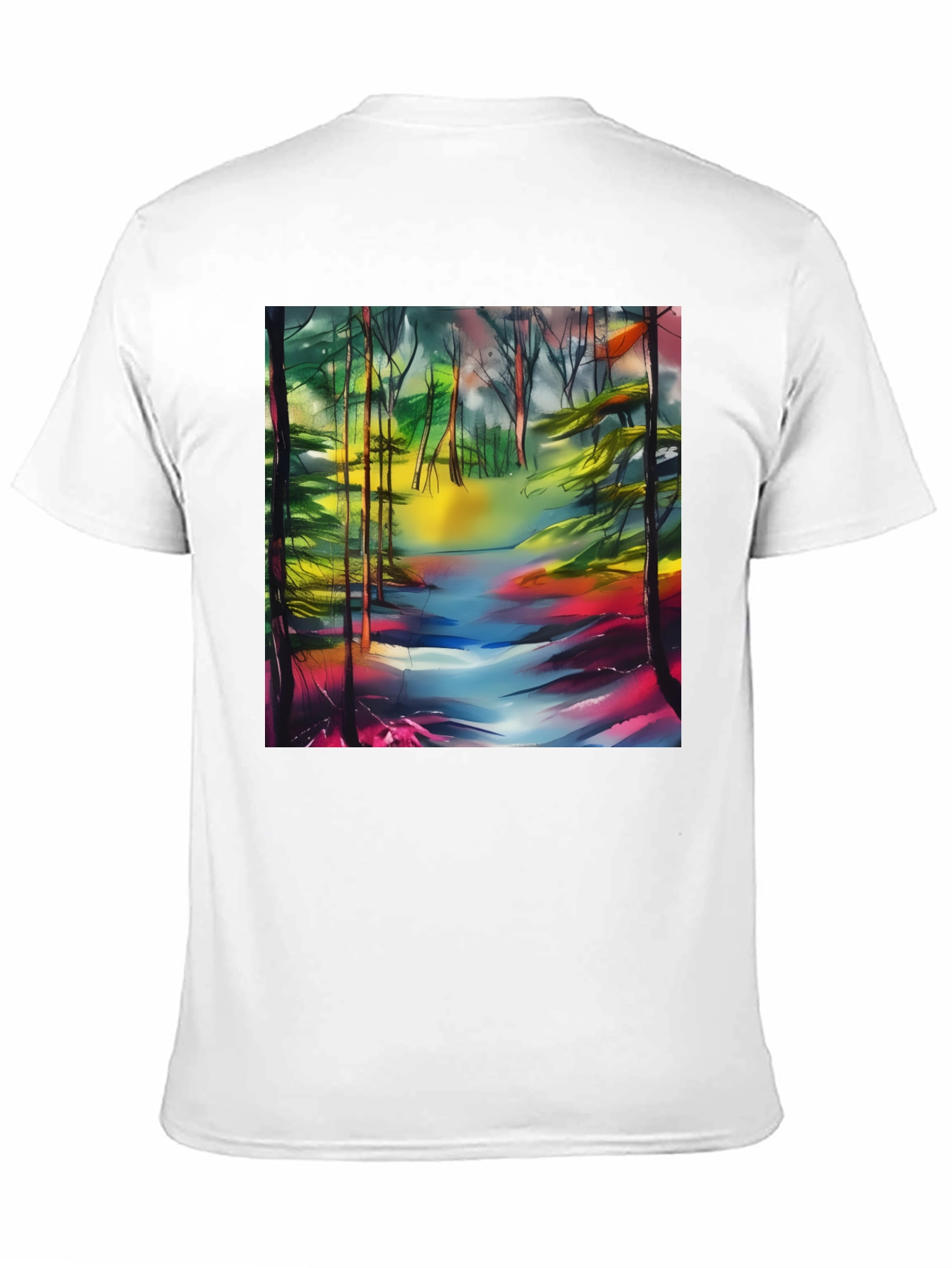 Vibrant Forest Stream T-Shirt - Artistic Nature Print