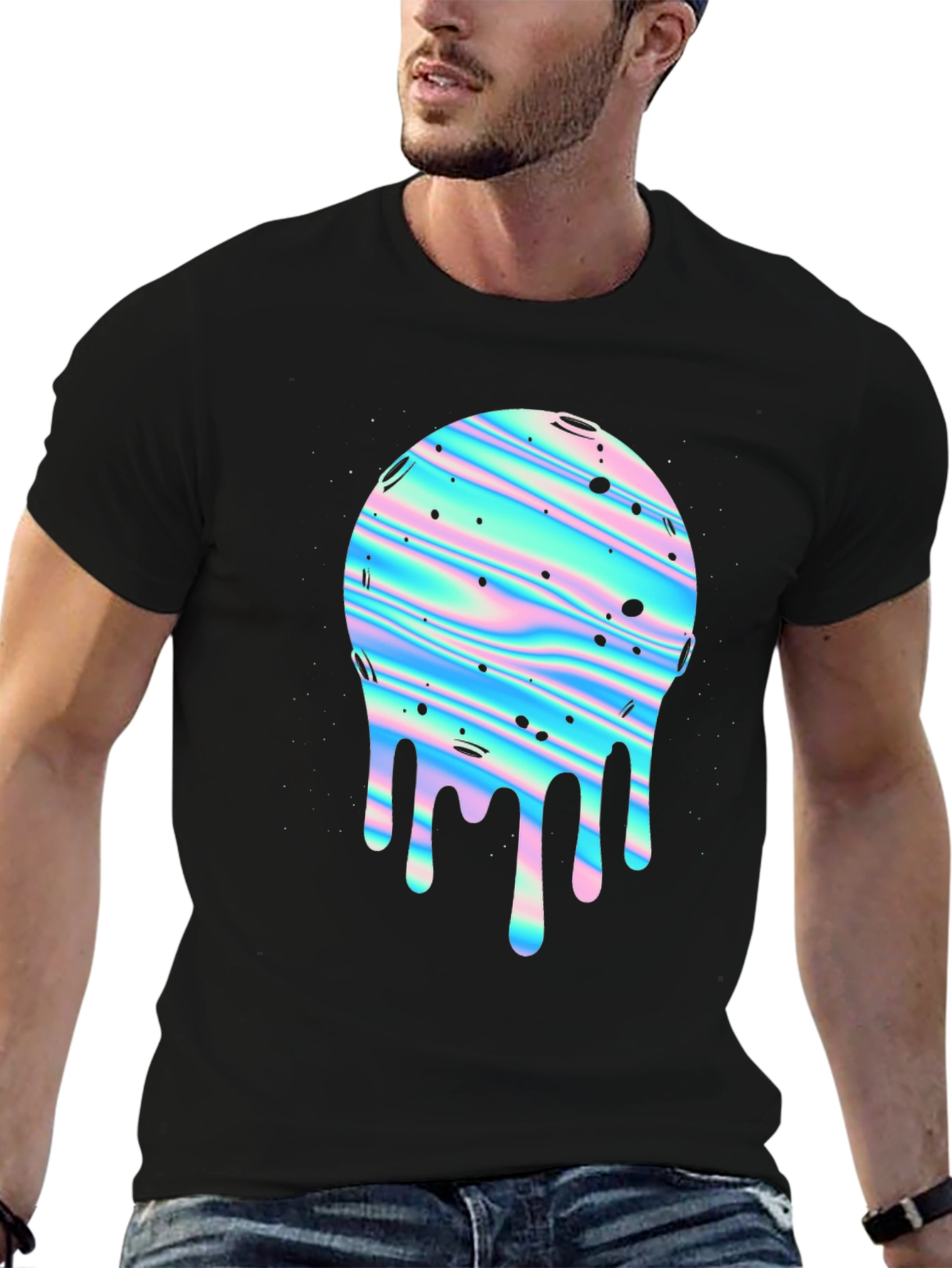 Retro Dripping Planet Graphic Tee - Black
