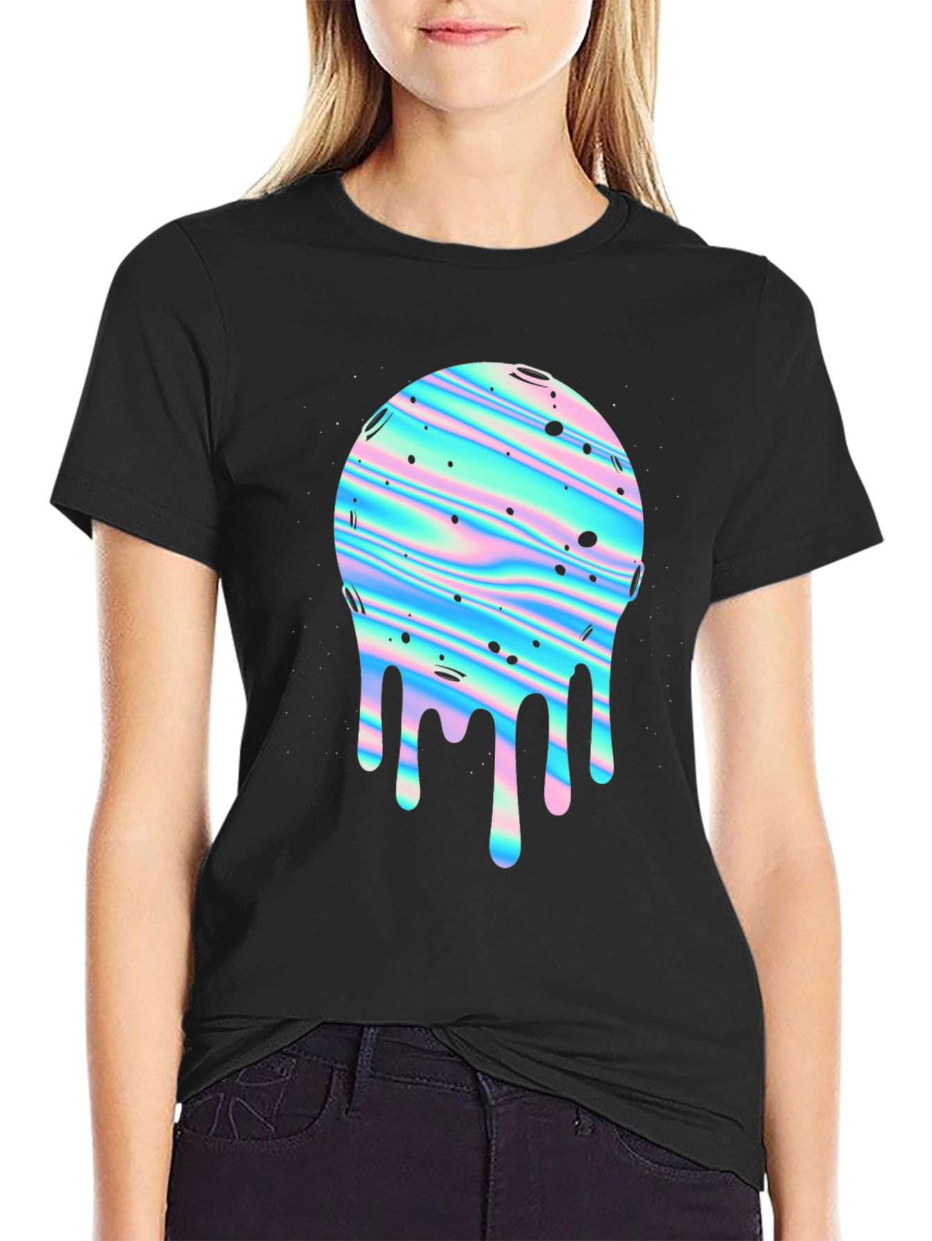 Retro Dripping Planet Graphic Tee - Black