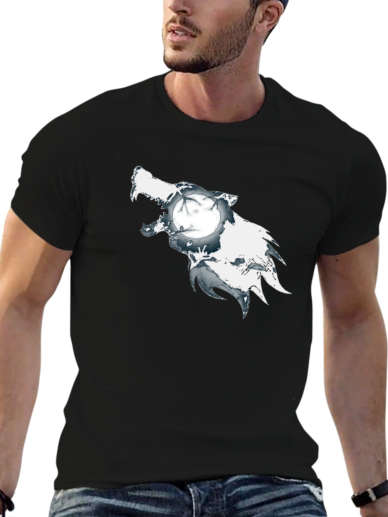 Wolf Moon Graphic Print Black T-Shirt