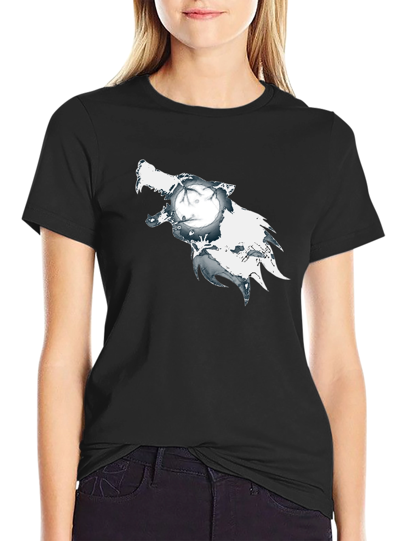 Wolf Moon Graphic Print Black T-Shirt